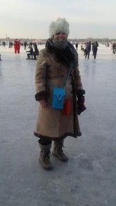 In Harbin, January 12, 2016: A Russian sheepskin coat, bought for my mother in the 1970s, along with a Yak fur hat I purchased in Lijiang China in 2012, made for the perfect Russian-style getup. And it was warm.